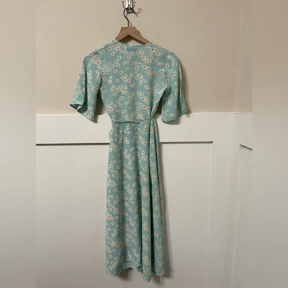Faithfull The Brand Seafoam Green & Yellow Sunflower Midi Wrap Dress Size 2 - Picture 5 of 8